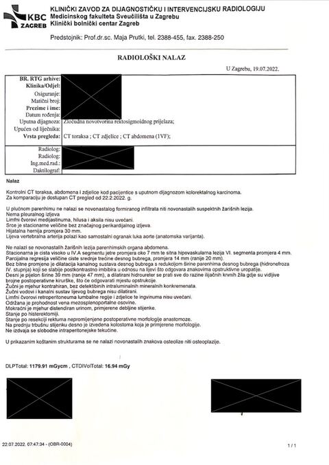 Nalaz — Zloćudna novotvorina rektosigmoidnog prijelaza (anonimizirano)