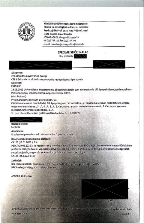 Nalaz — Zloćudna novotvorina ovarija (anonimizirano)
