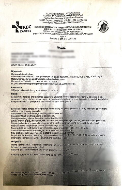 Nalaz — Adenocarcinome + Pulmonoum (IV stadij) (anonimizirano)