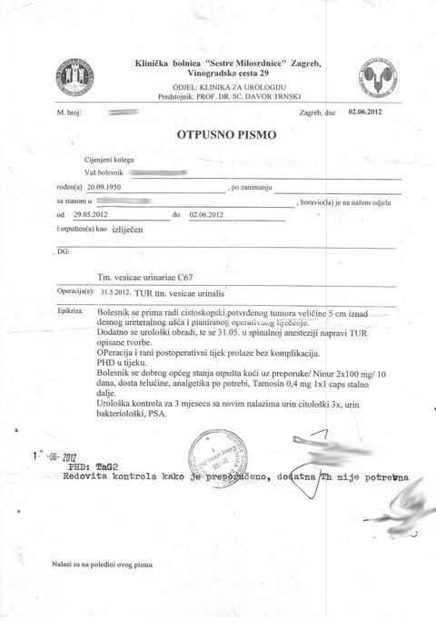 Nalaz — Zloćudni tumor (anonimizirano)