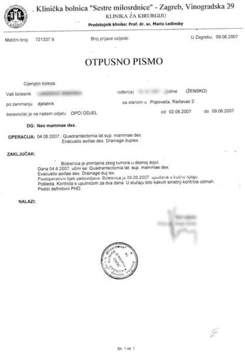 Nalaz — Zloćudni tumor desne dojke (anonimizirano)