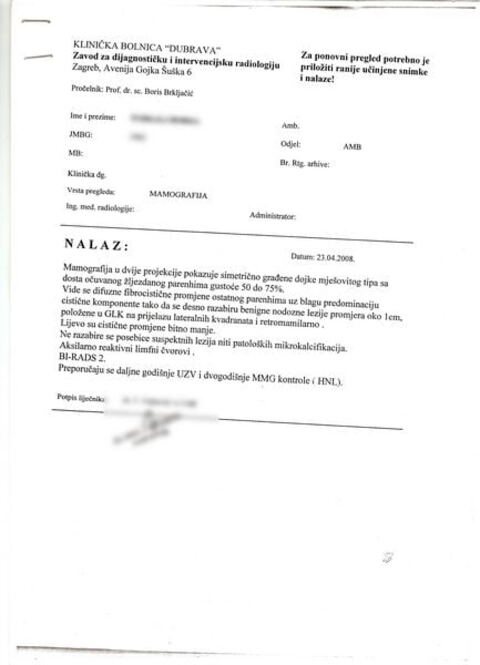 Nalaz — Zloćudni tumor dojke (anonimizirano)