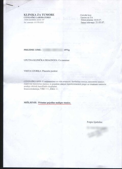 Nalaz — Tumor desne dojke metastaziran na lijevo plućno krilo (anonimizirano)