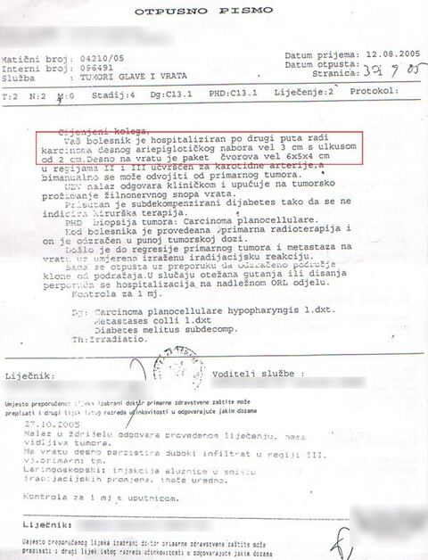 Nalaz — Zloćudni tumor limfnih čvorova (anonimizirano)