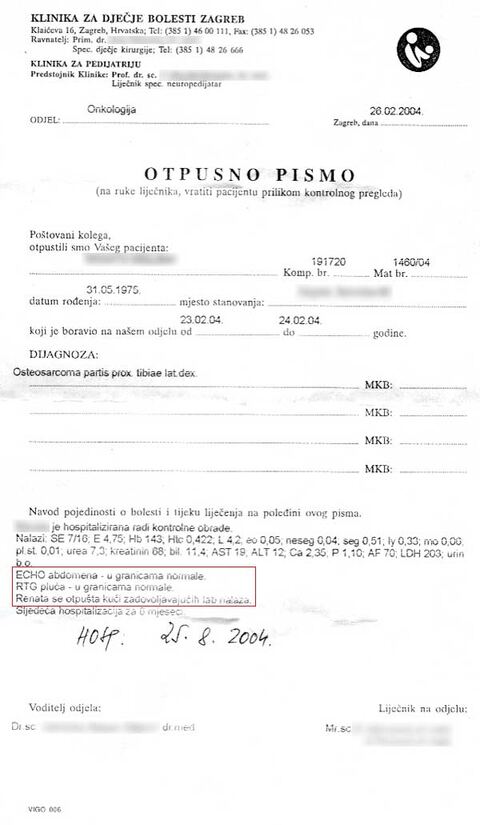 Nalaz — Tumor noge proširen na abdomen i pluća (anonimizirano)