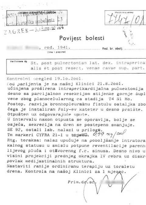 Nalaz — Zloćudni tumor pluća (anonimizirano)