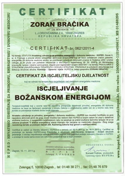 Stručno priznanje doktora energetske medicine — Zoran Bračika