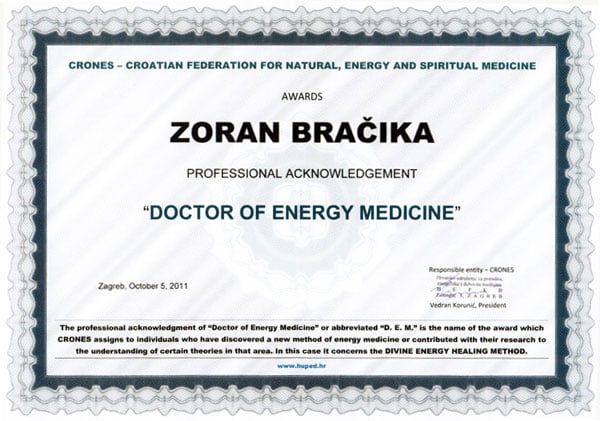 Stručno priznanje doktora energetske medicine — Zoran Bračika