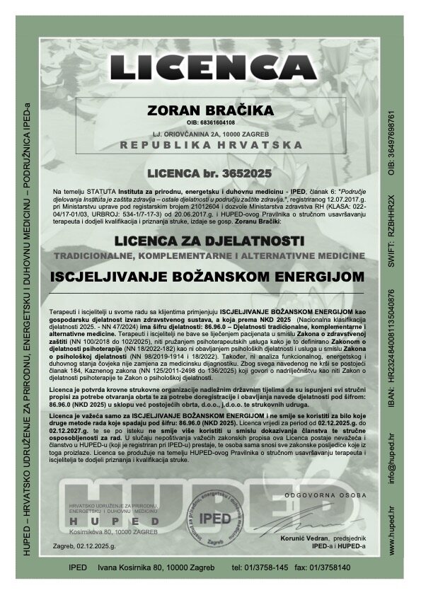 Licenca za metodu iscjeljivanja božanskom energijom — Zoran Bračika